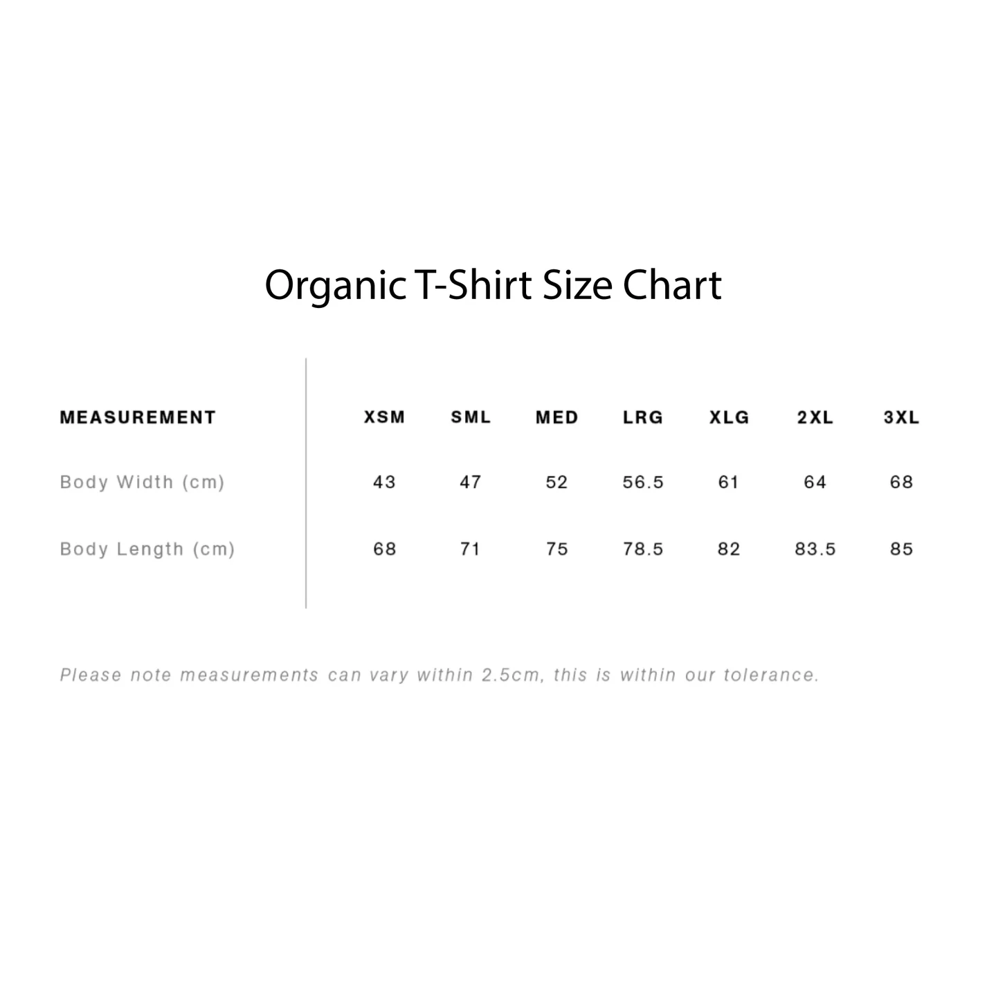 Waspman Tee Size Chart