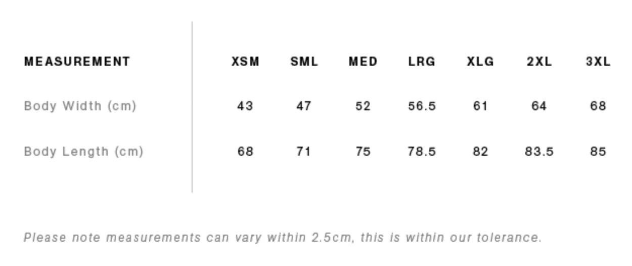 Wizard Tee Size Chart