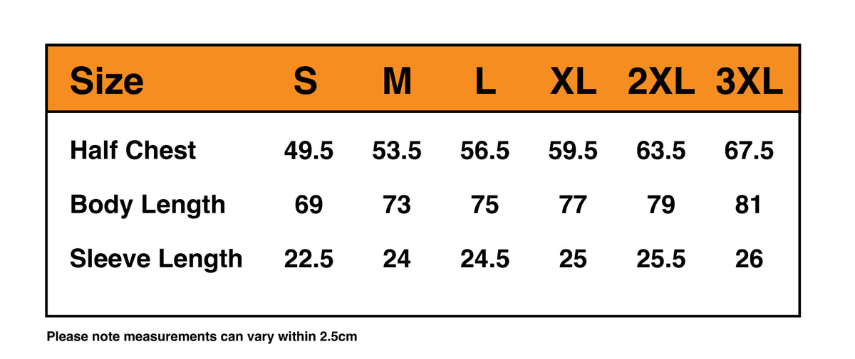 NYC Black Tee Size Chart